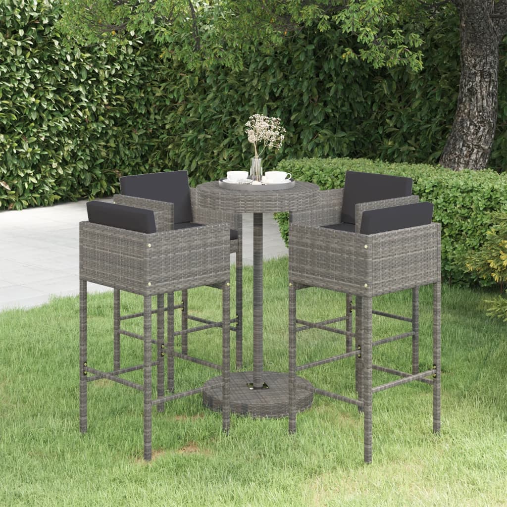 5 Piece Garden Bar Set with Cushions Poly Rattan Grey - Newstart Furniture