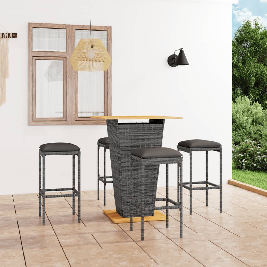 5 Piece Garden Bar Set with Cushions Poly Rattan Grey - Newstart Furniture