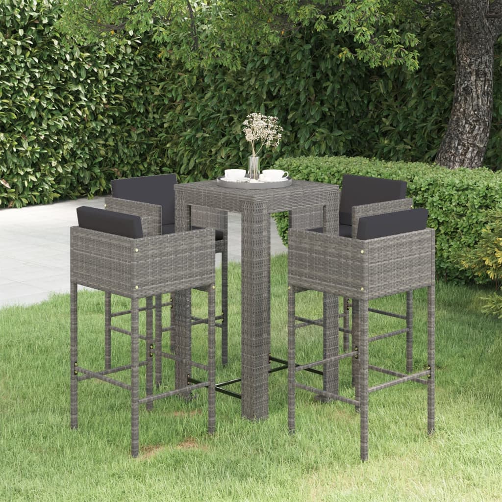 5 Piece Garden Bar Set with Cushions Poly Rattan Grey - Newstart Furniture