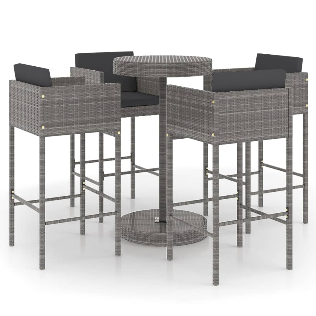 5 Piece Garden Bar Set with Cushions Poly Rattan Grey - Newstart Furniture