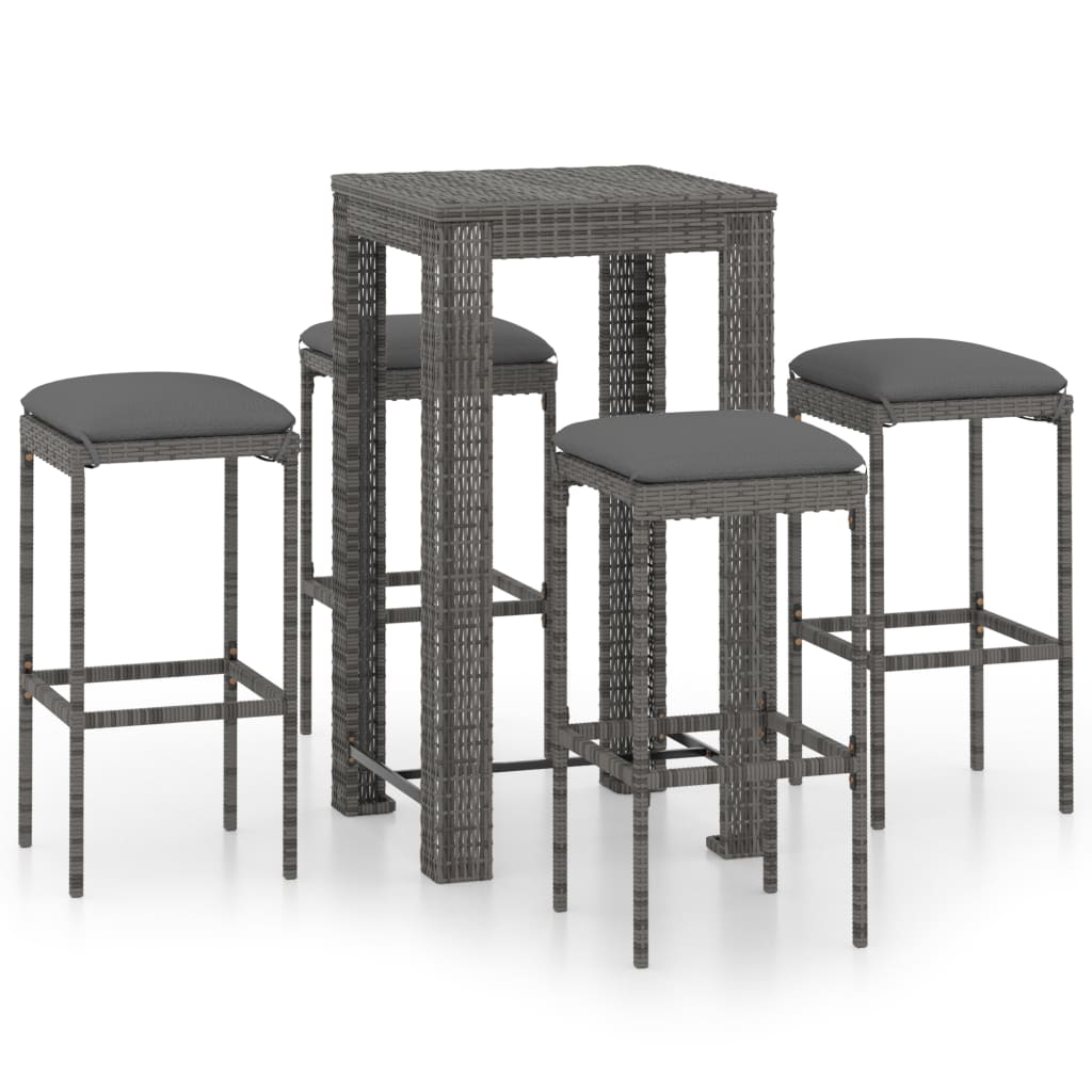 5 Piece Garden Bar Set with Cushions Poly Rattan Grey - Newstart Furniture