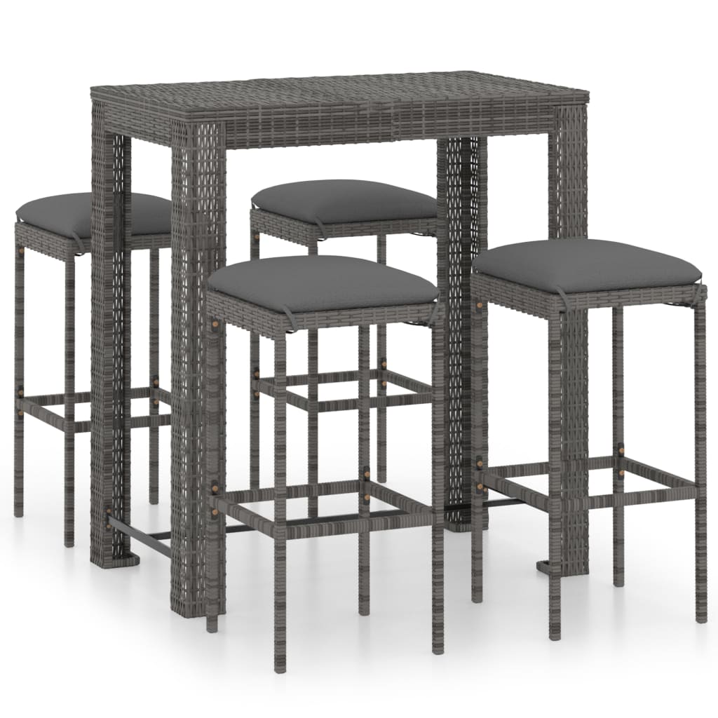 5 Piece Garden Bar Set with Cushions Poly Rattan Grey - Newstart Furniture