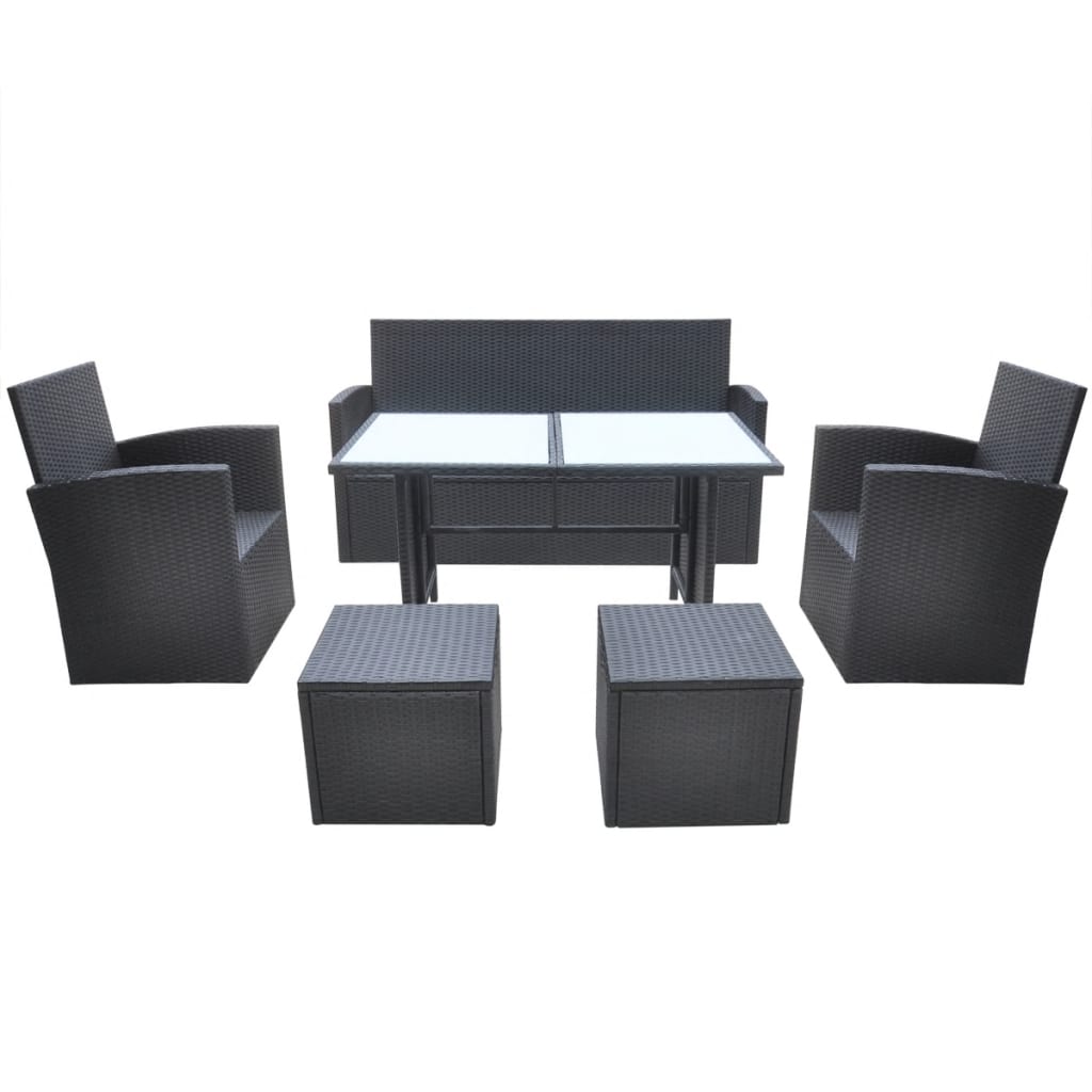 6 Piece Outdoor Dining Set with Cushions Poly Rattan Black - Newstart Furniture