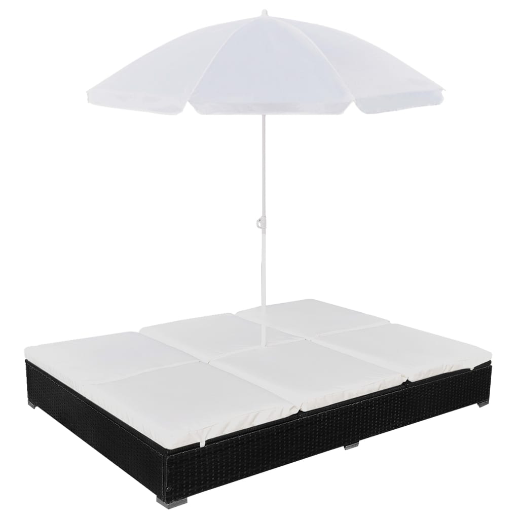 Outdoor Lounge Bed with Umbrella Poly Rattan Black - Newstart Furniture