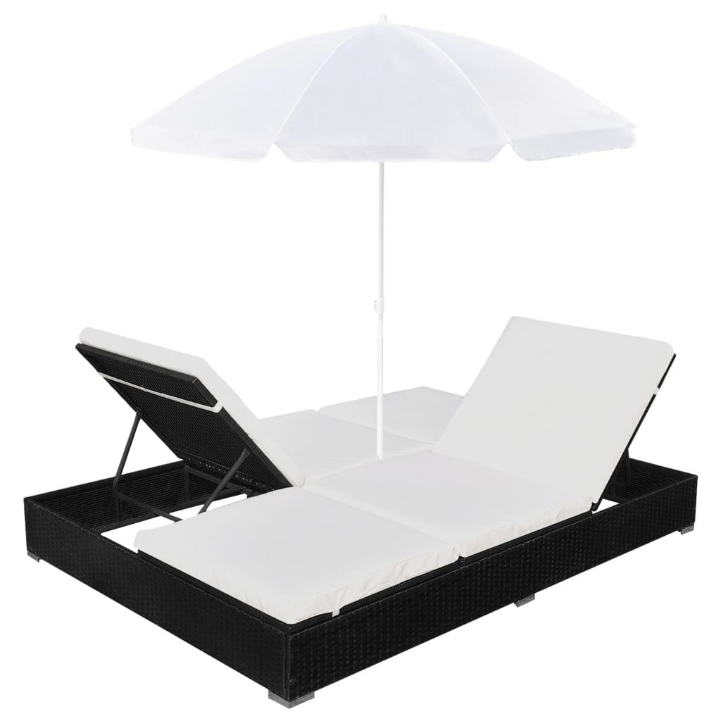 Outdoor Lounge Bed with Umbrella Poly Rattan Black - Newstart Furniture