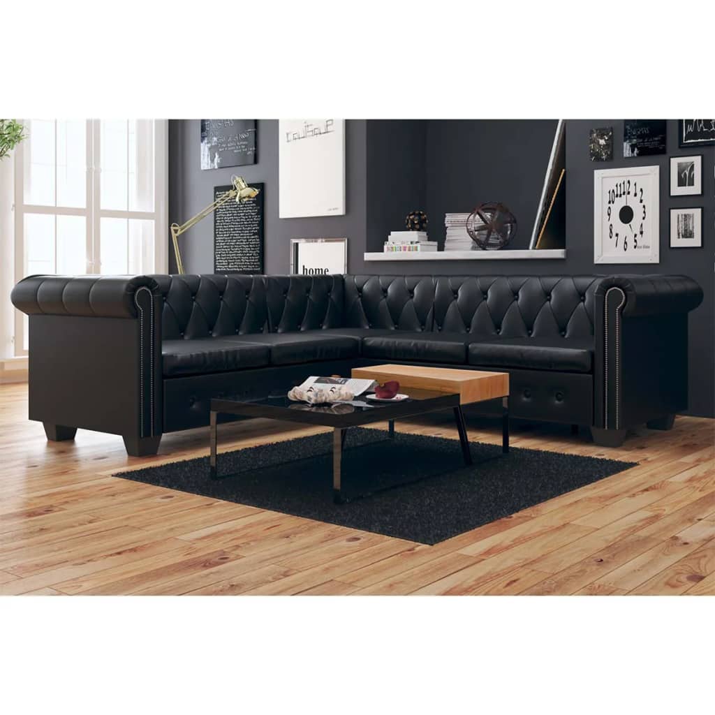 Chesterfield Corner Sofa 5-Seater Artificial Leather Black - Newstart Furniture