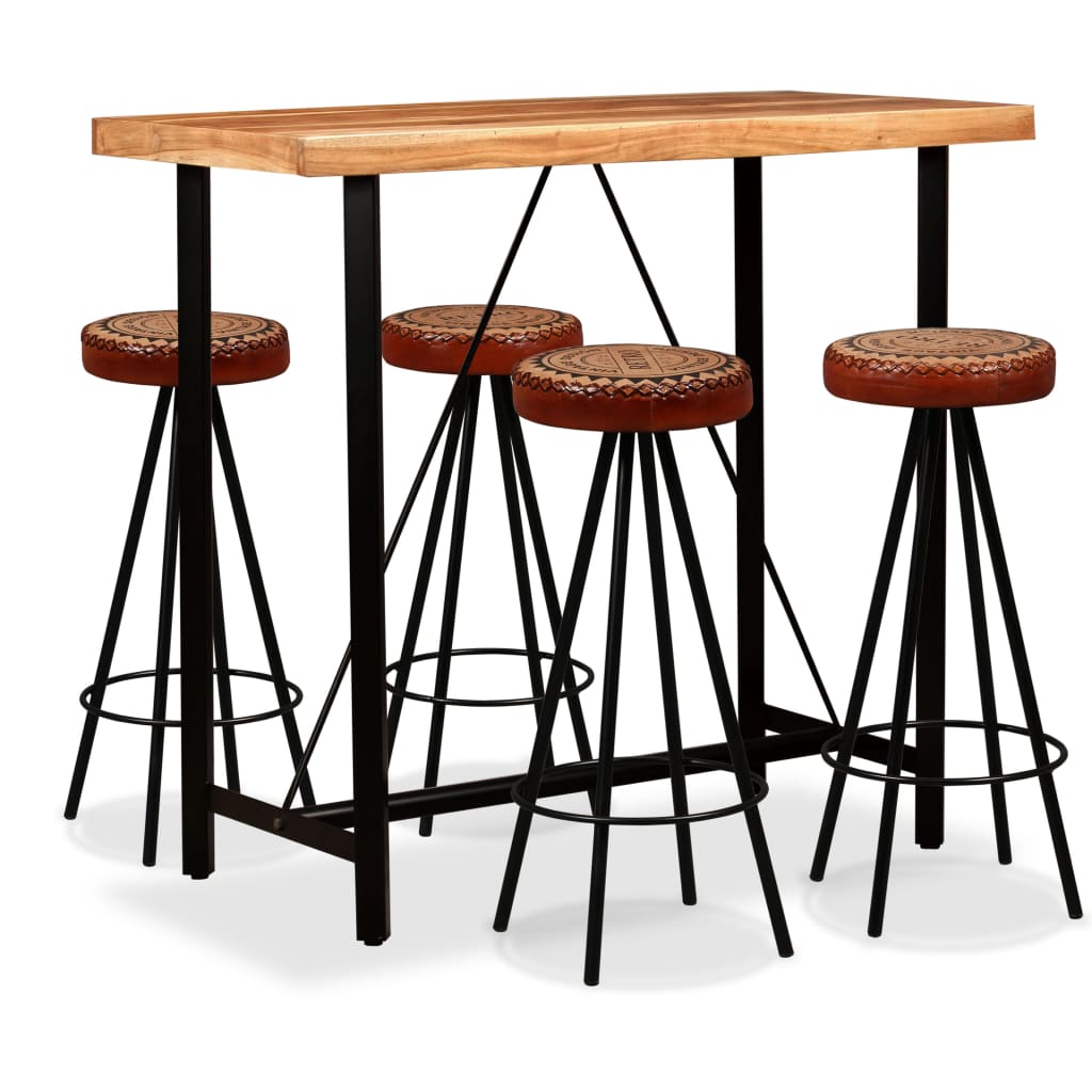 Bar Set 5 Pieces Solid Wood Acacia. Genuine Leather & Canvas - Newstart Furniture