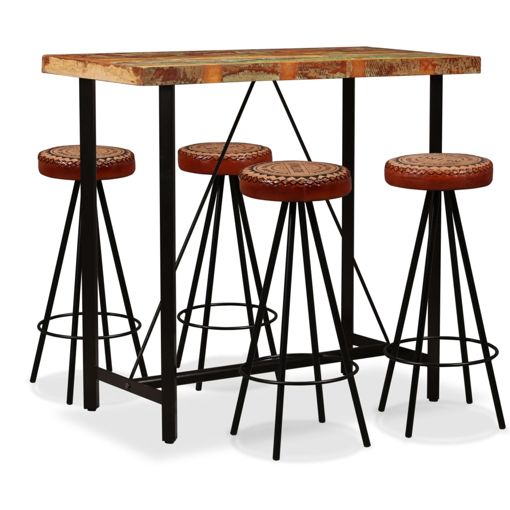Bar Set 5 Pieces Solid Wood Reclaimed. Genuine Leather & Canvas - Newstart Furniture