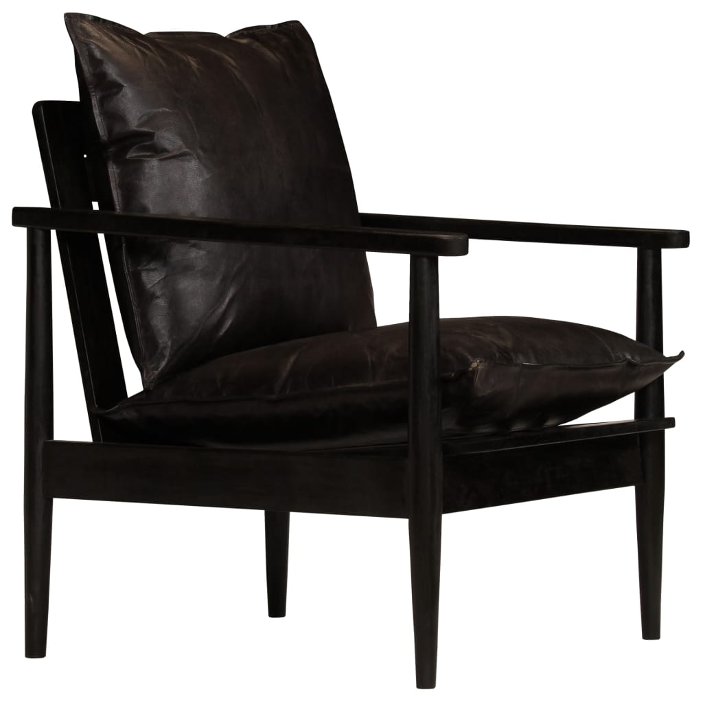 Armchair Black Real Leather with Solid Wood Acacia - Newstart Furniture