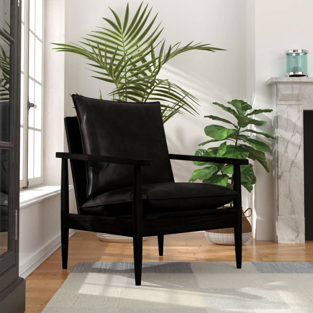 Armchair Black Real Leather with Solid Wood Acacia - Newstart Furniture