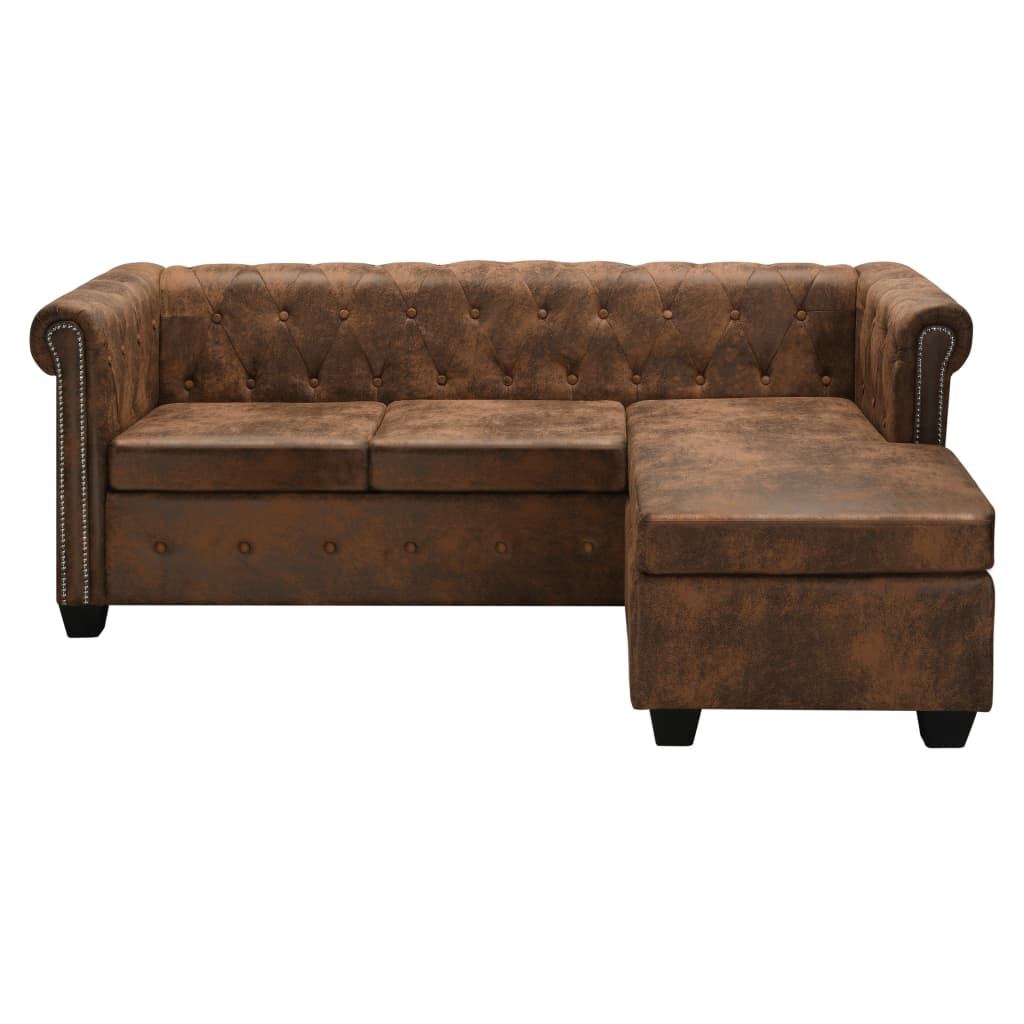 L-shaped Chesterfield Sofa Artificial Suede Leather Brown - Newstart Furniture