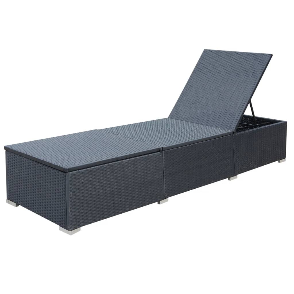 Sun Lounger with Cushion Poly Rattan Black - Newstart Furniture