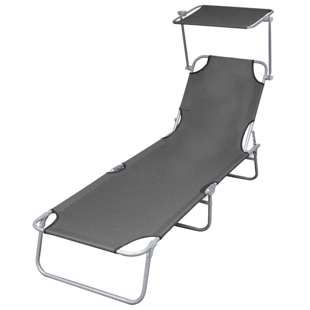 Folding Sun Lounger with Canopy Steel Grey - Newstart Furniture