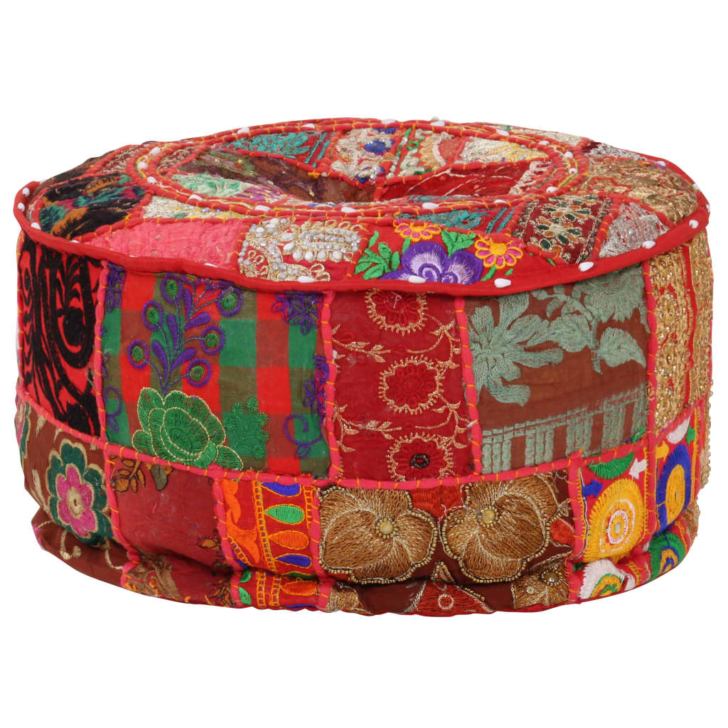 Patchwork Pouffe Round Cotton Handmade 40x20 cm Red - Newstart Furniture