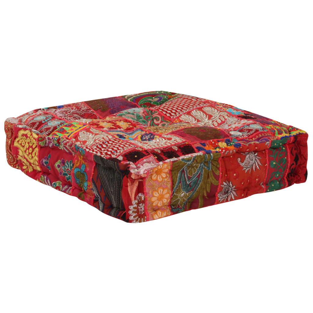 Patchwork Pouffe Square Cotton Handmade 50x50x12 cm Red - Newstart Furniture