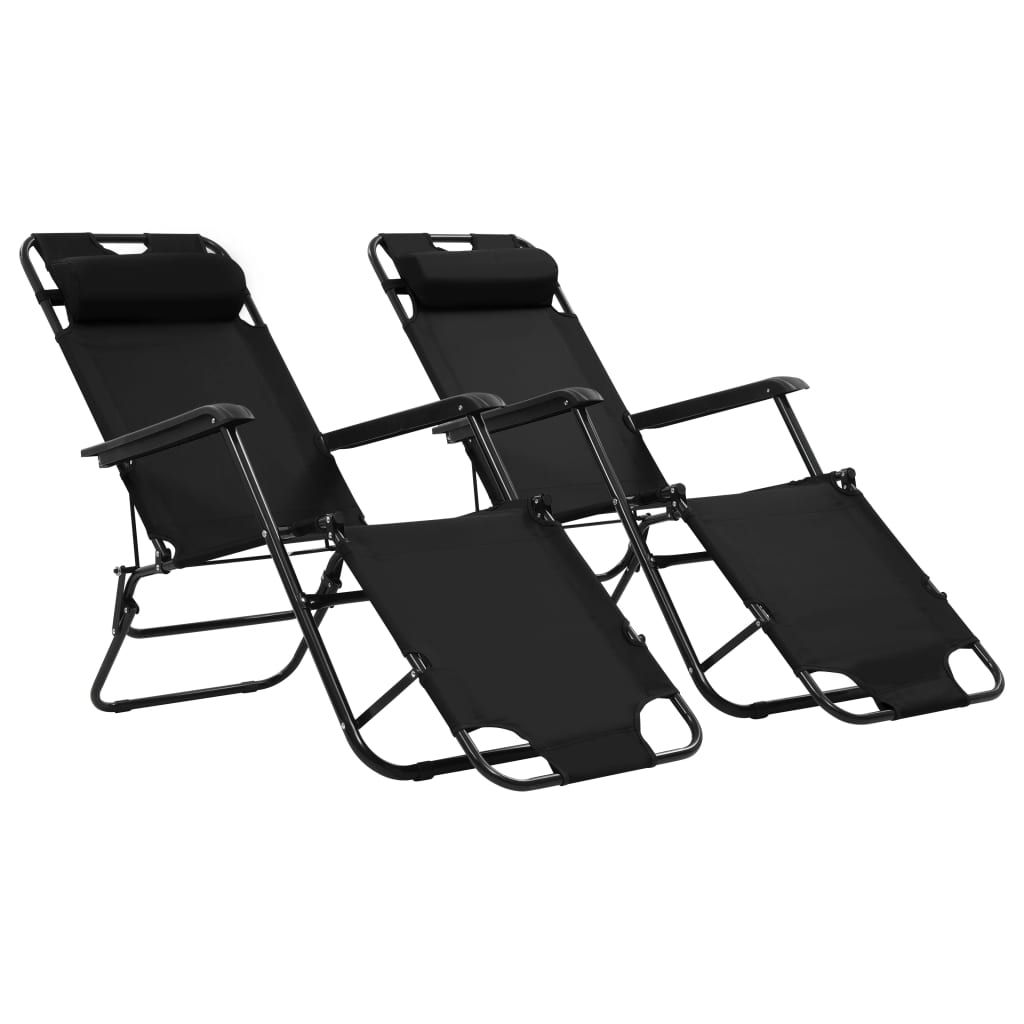 Folding Sun Loungers 2 pcs with Footrests Steel Black - Newstart Furniture