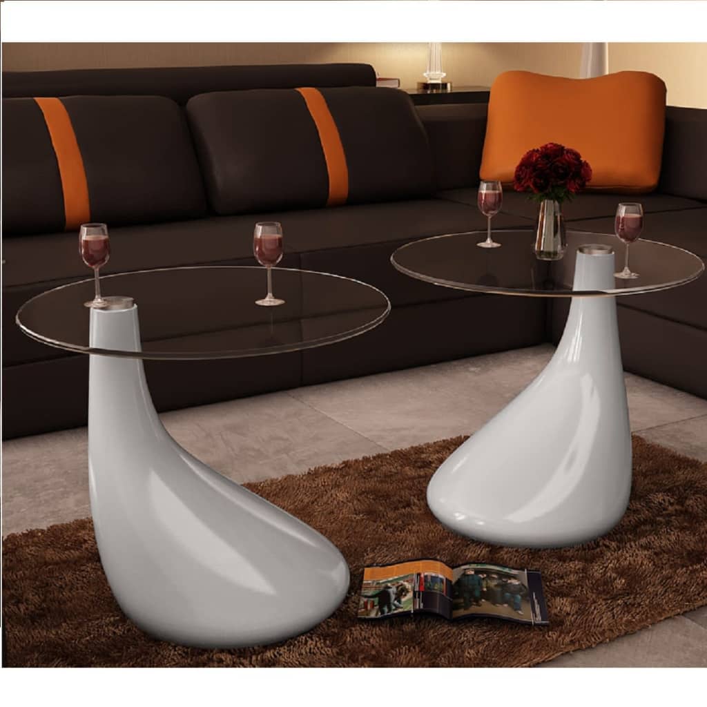 Coffee Table 2 pcs with Round Glass Top High Gloss White - Newstart Furniture