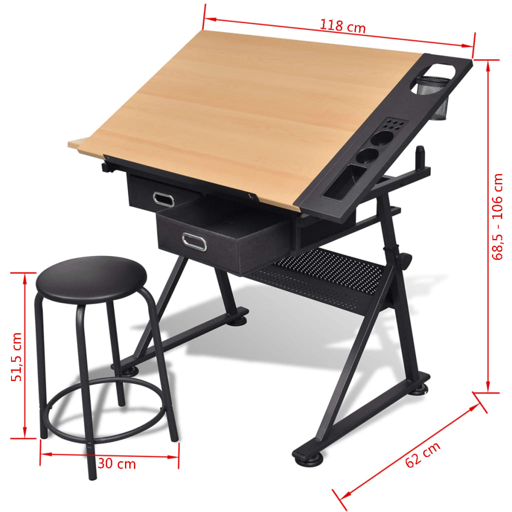 Two Drawers Tiltable Tabletop Drawing Table with Stool - Newstart Furniture