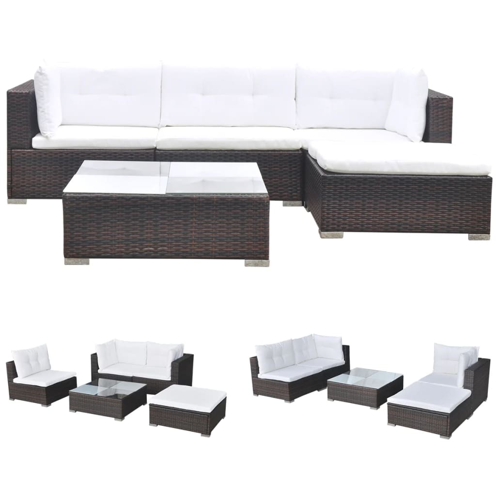 5 Piece Garden Lounge Set with Cushions Poly Rattan Brown - Newstart Furniture