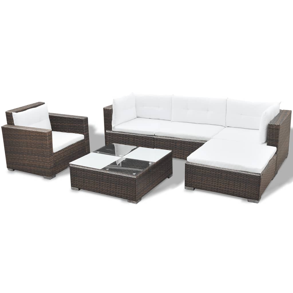 6 Piece Garden Lounge Set with Cushions Poly Rattan Brown - Newstart Furniture