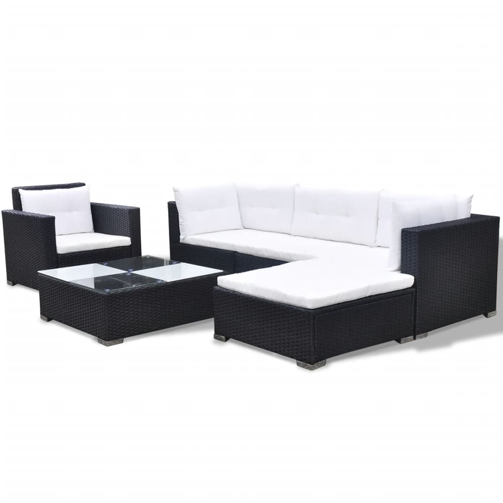 6 Piece Garden Lounge Set with Cushions Poly Rattan Black - Newstart Furniture