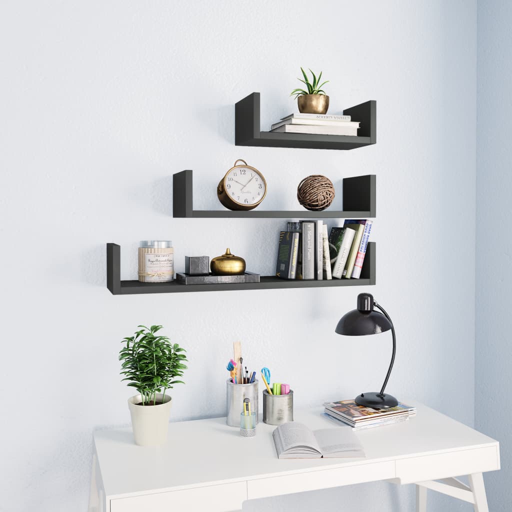 Wall Display Shelf 3 pcs High Gloss Grey Engineered Wood - Newstart Furniture