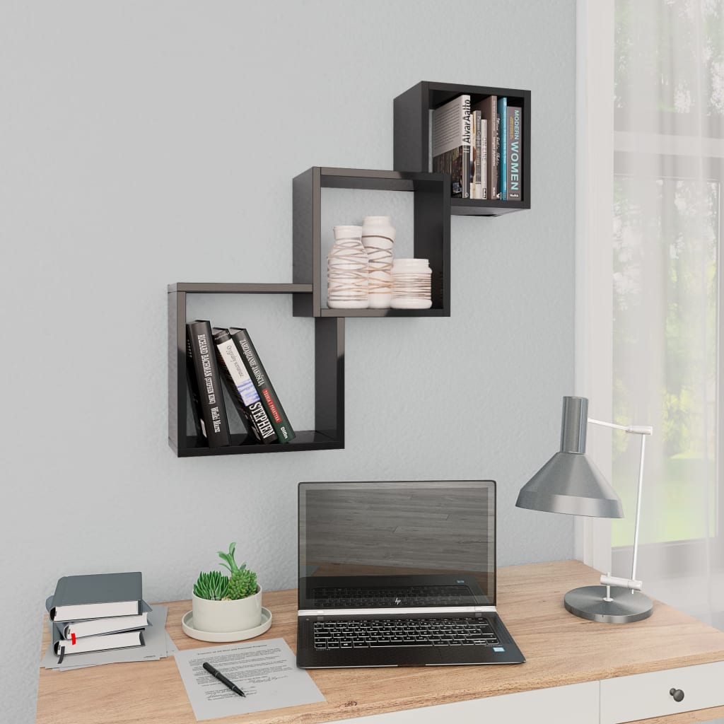 Cube Wall Shelves High Gloss Black 68x15x68 cm Engineered Wood - Newstart Furniture