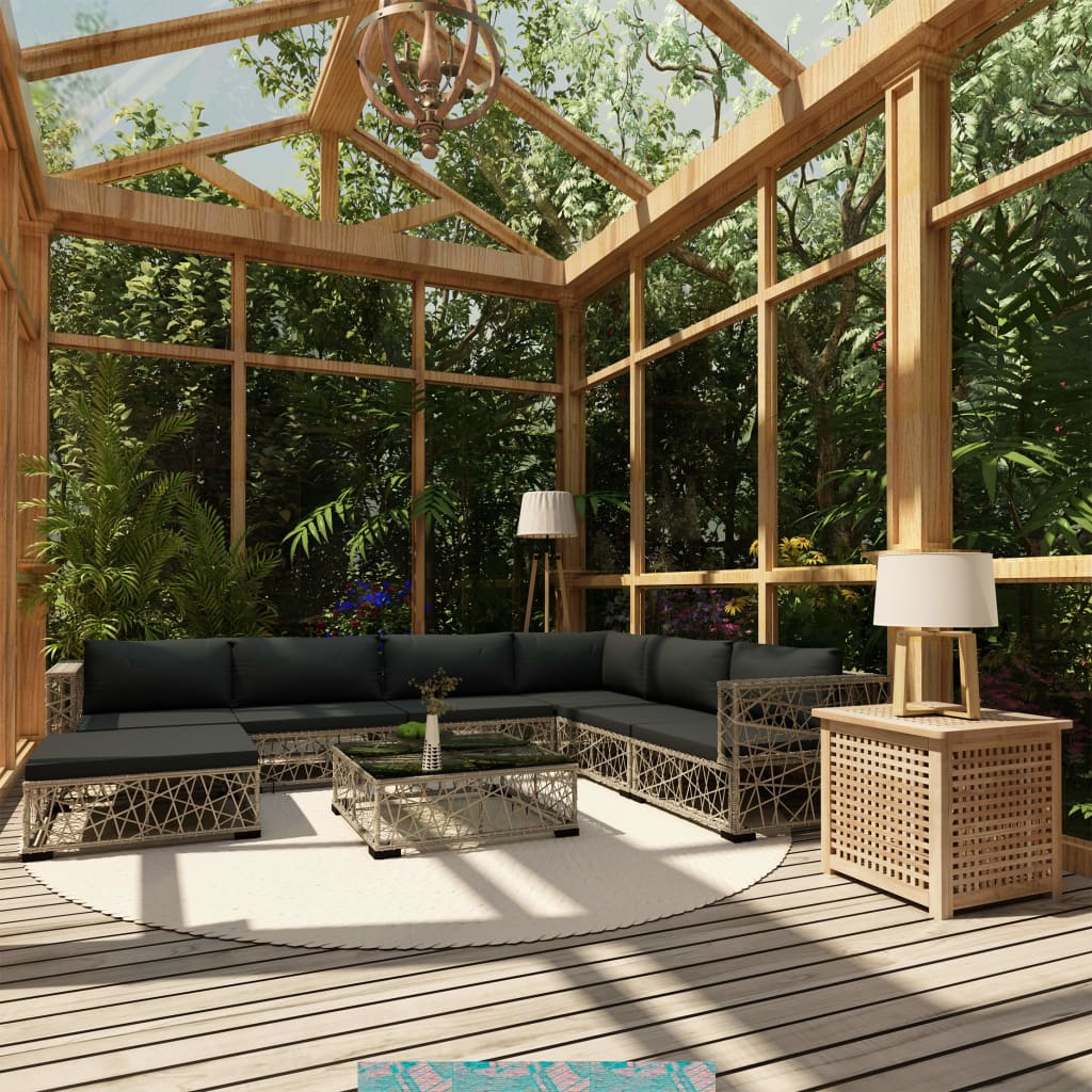 8 Piece Garden Lounge Set with Cushions Poly Rattan Grey - Newstart Furniture