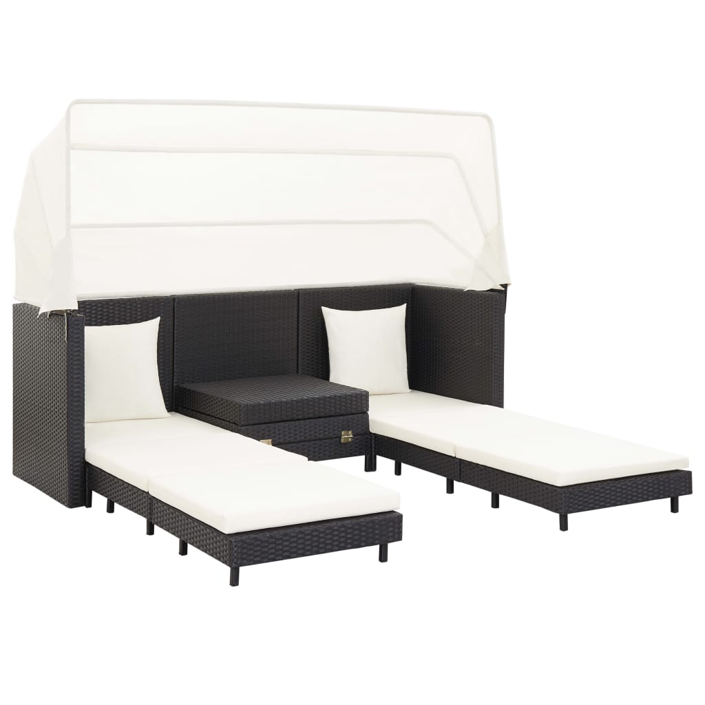 Extendable 3-Seater Sofa Bed with Roof Poly Rattan Black - Newstart Furniture