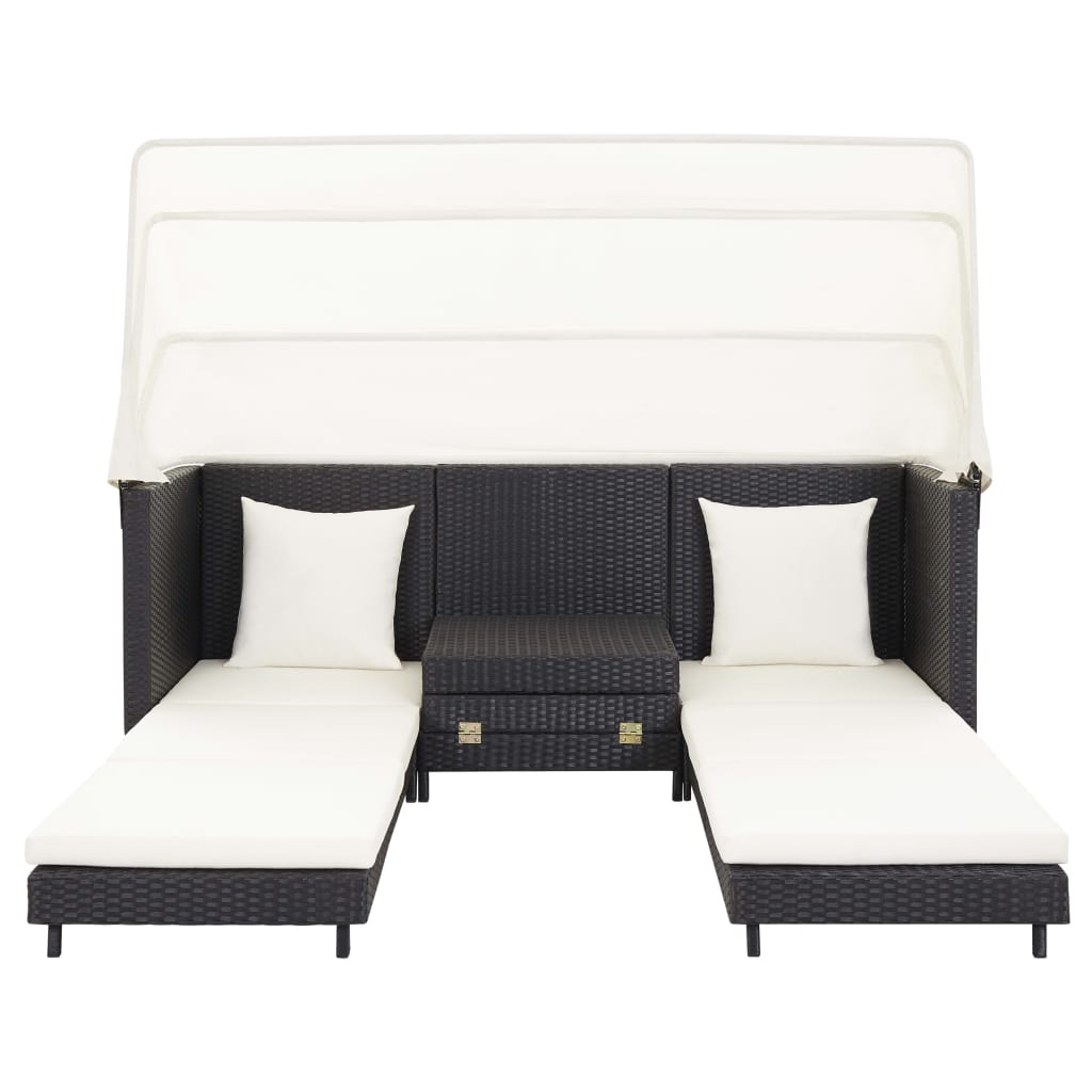 Extendable 3-Seater Sofa Bed with Roof Poly Rattan Black - Newstart Furniture