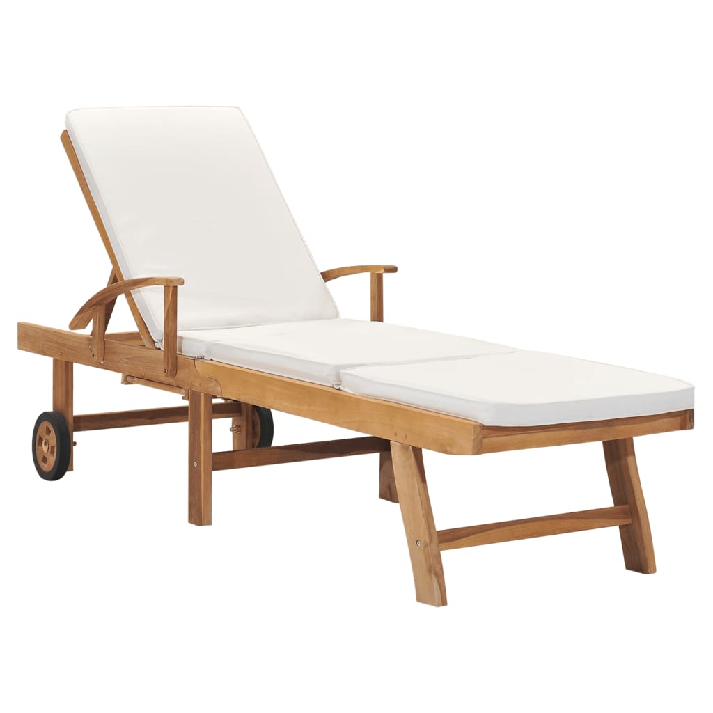 Sun Lounger with Cushion Solid Teak Wood Cream - Newstart Furniture