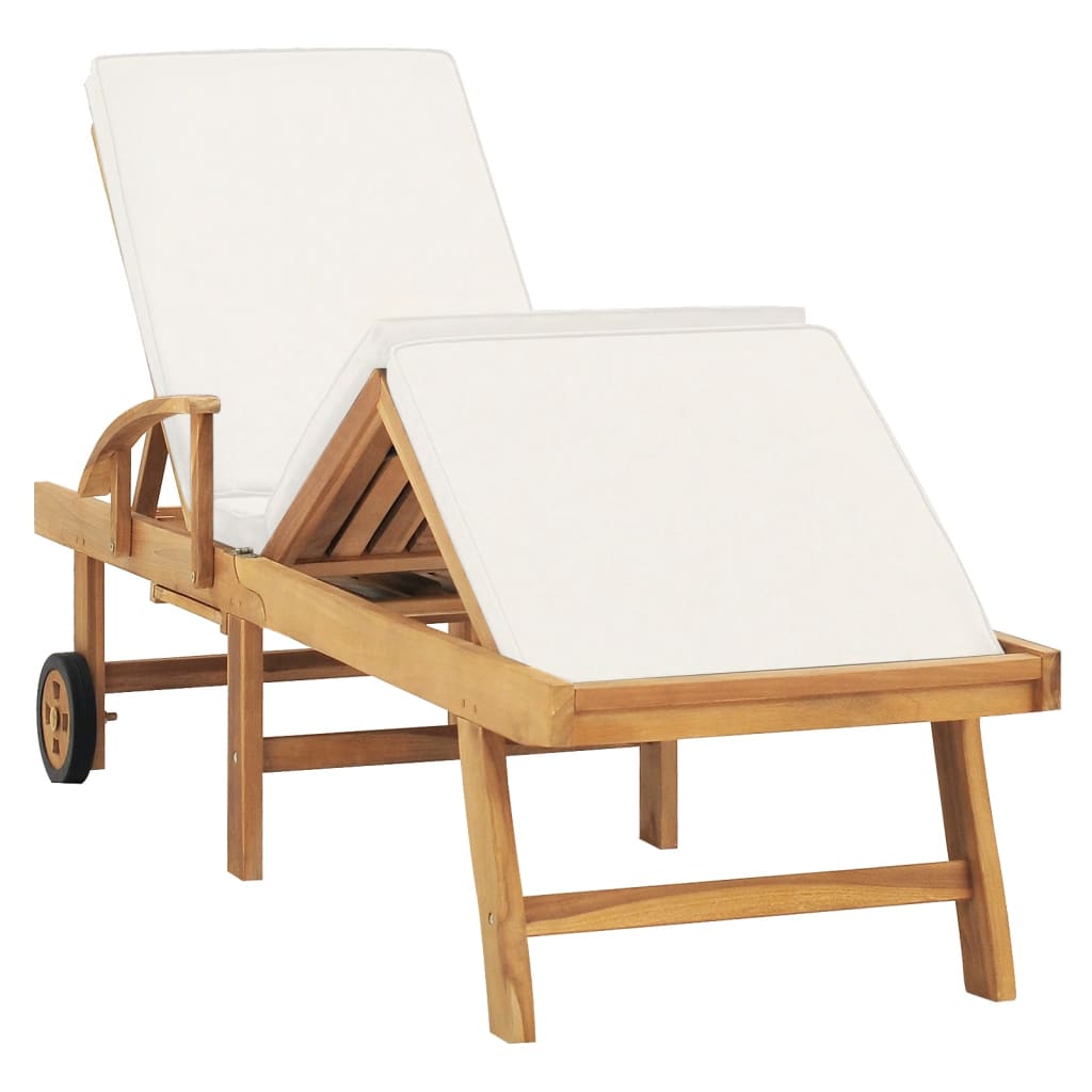 Sun Lounger with Cushion Solid Teak Wood Cream - Newstart Furniture