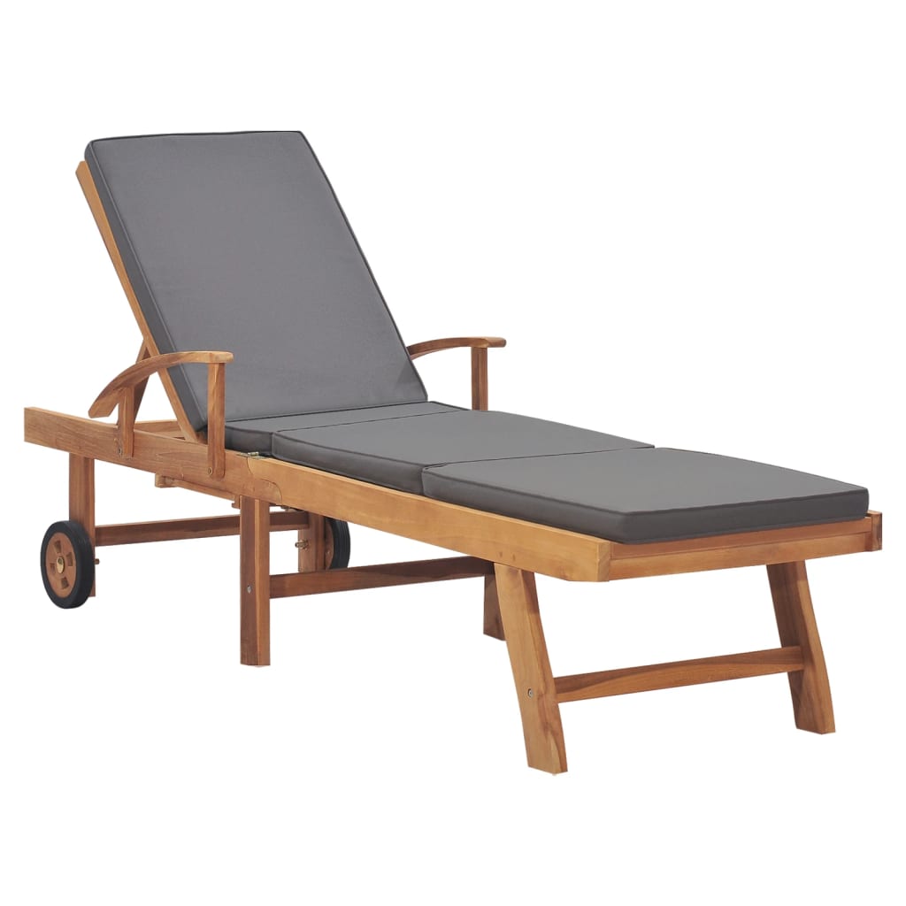 Sun Lounger with Cushion Solid Teak Wood Dark Grey - Newstart Furniture
