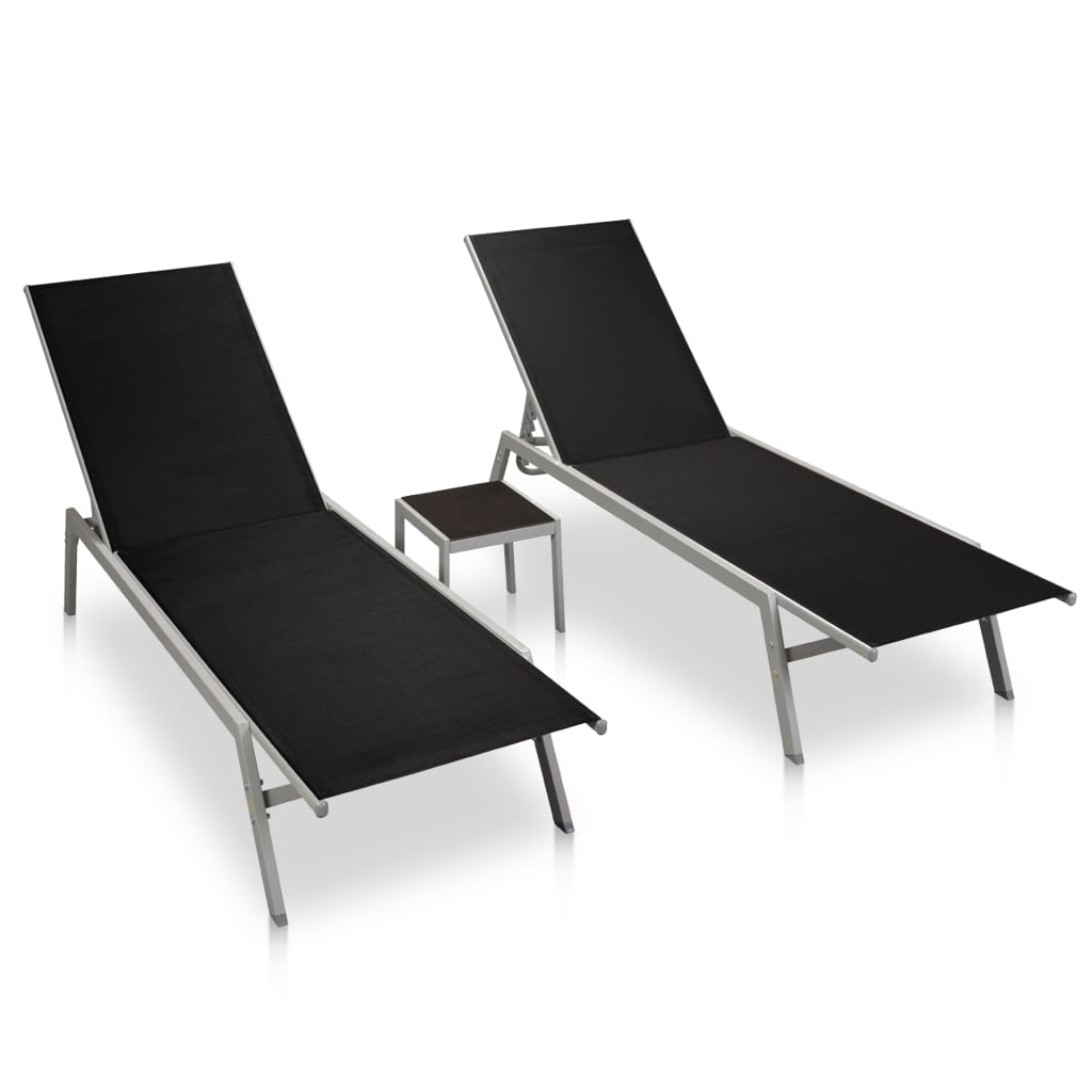 Sun Loungers 2 pcs with Table Steel and Textilene Black - Newstart Furniture