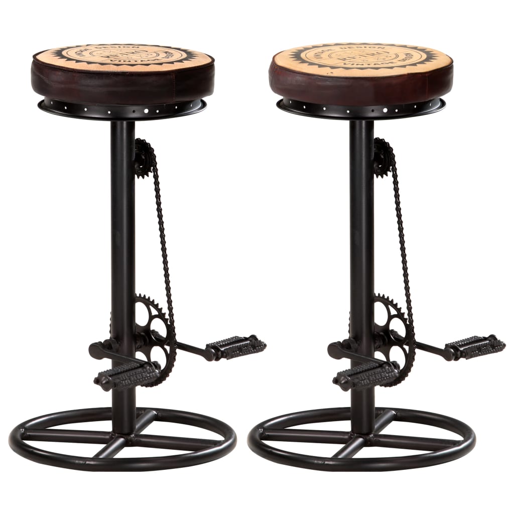 Bar Stools with Canvas Print 2 pcs Black and Brown Real Leather - Newstart Furniture