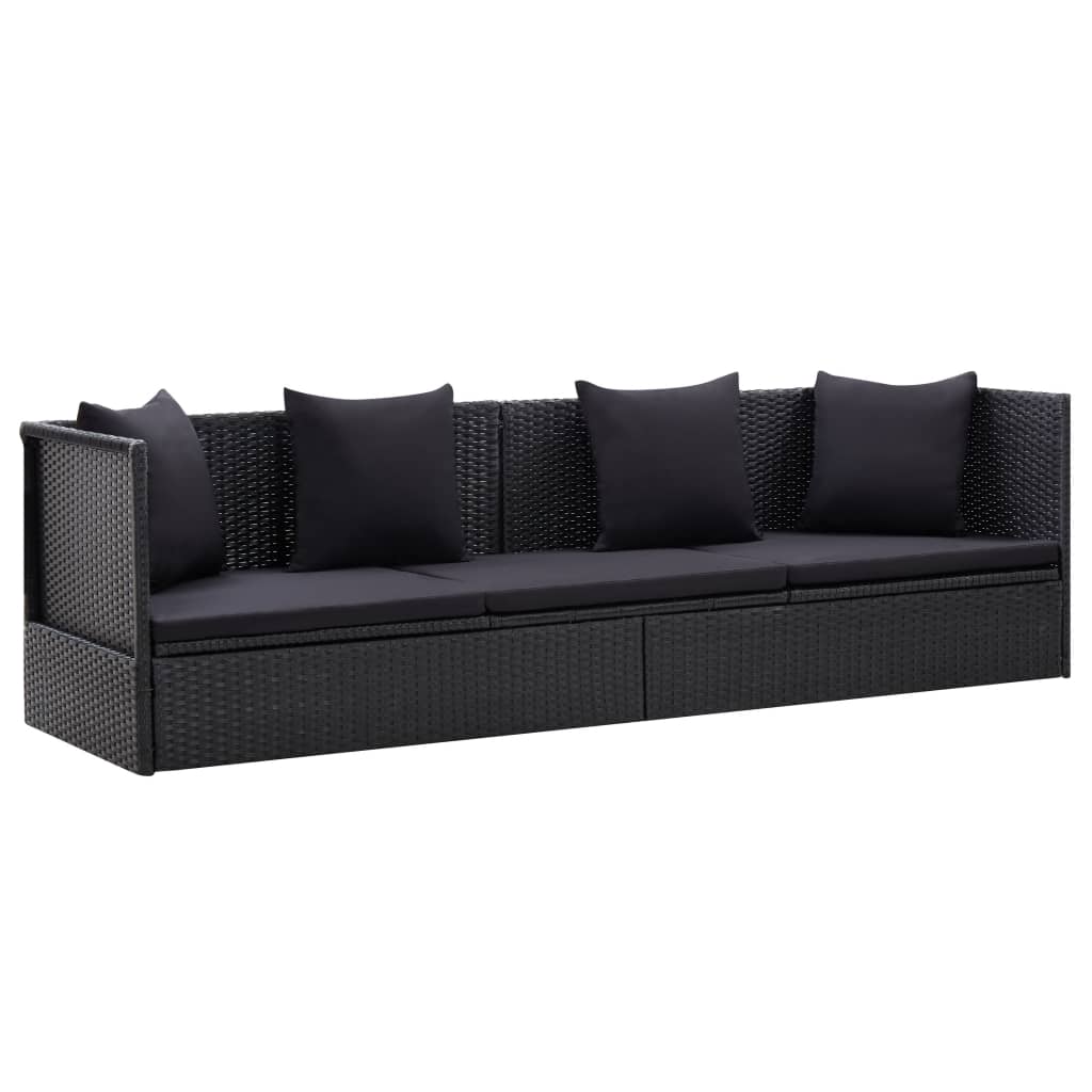 Garden Bed with Cushion and Pillow Poly Rattan Black - Newstart Furniture