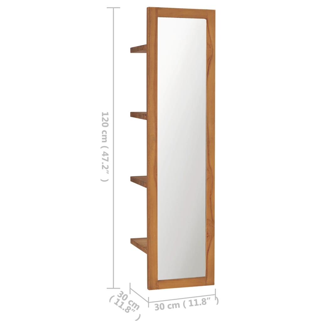 Wall Mirror with Shelves 30x30x120 cm Solid Teak Wood - Newstart Furniture