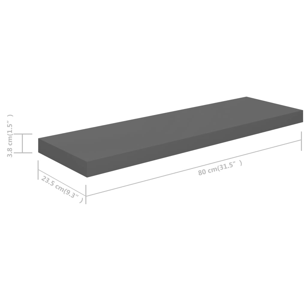 Floating Wall Shelf High Gloss Grey 80x23.5x3.8 cm MDF