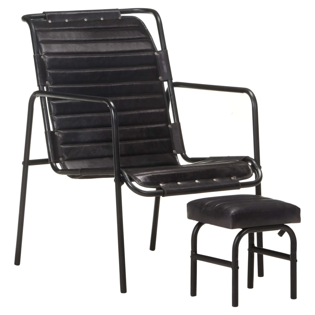 Relaxing Armchair with a Footrest Black Real Leather - Newstart Furniture