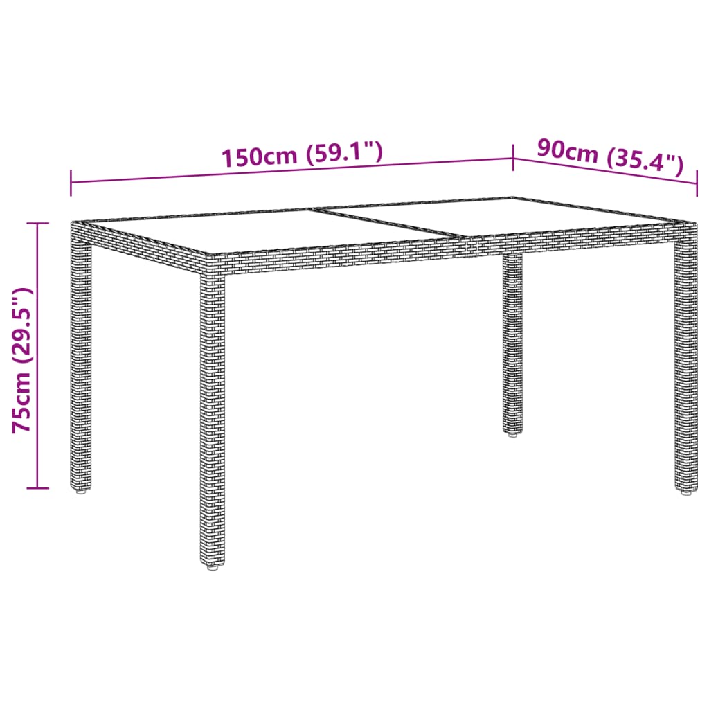 Garden Table 150x90x75 cm Tempered Glass and Poly Rattan Grey - Newstart Furniture