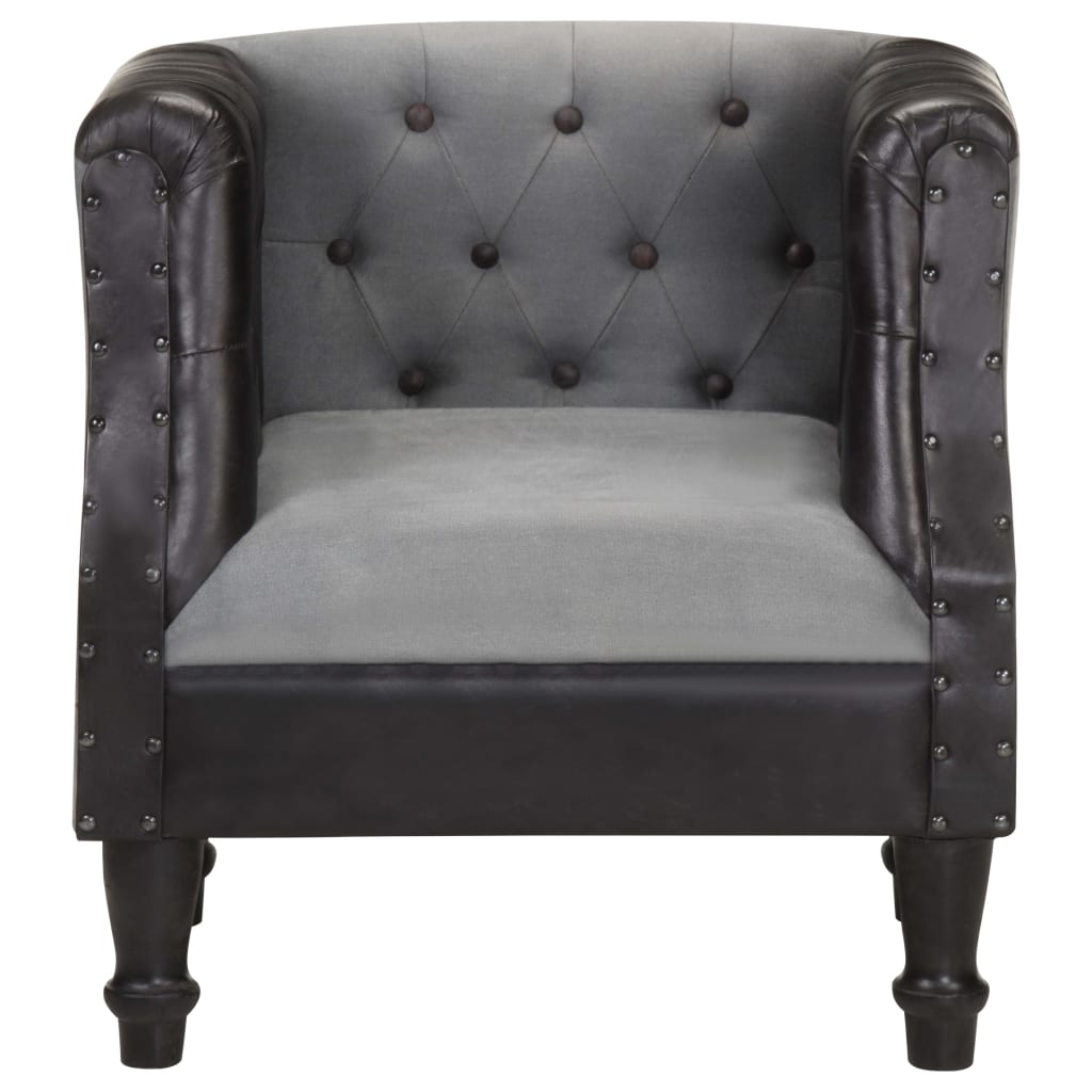 Tub Chair Black Real Leather and Solid Mango Wood - Newstart Furniture