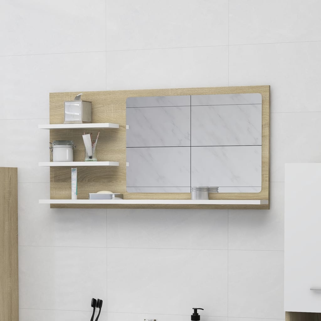 Bathroom Mirror White and Sonoma Oak 90x10.5x45 cm Engineered Wood - Newstart Furniture
