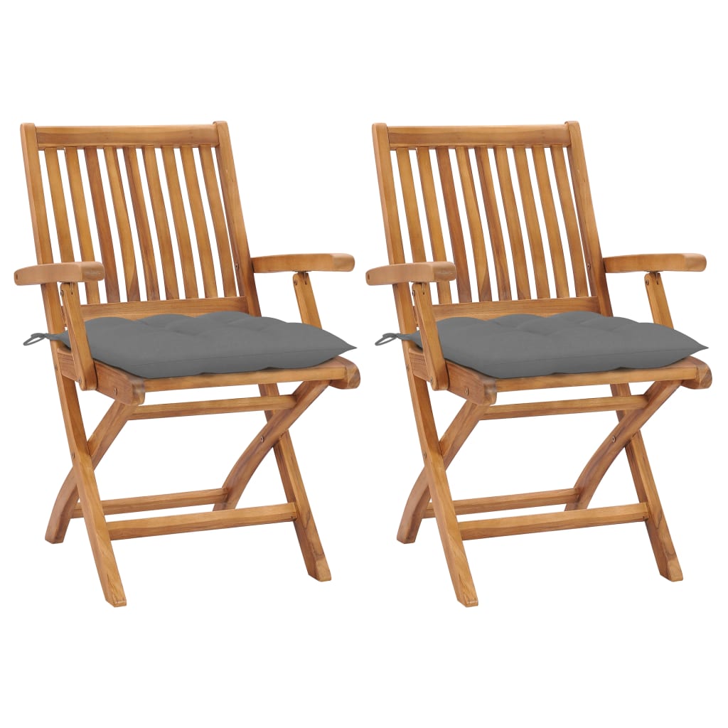 Garden Chairs 2 pcs with Grey Cushions Solid Teak Wood - Newstart Furniture