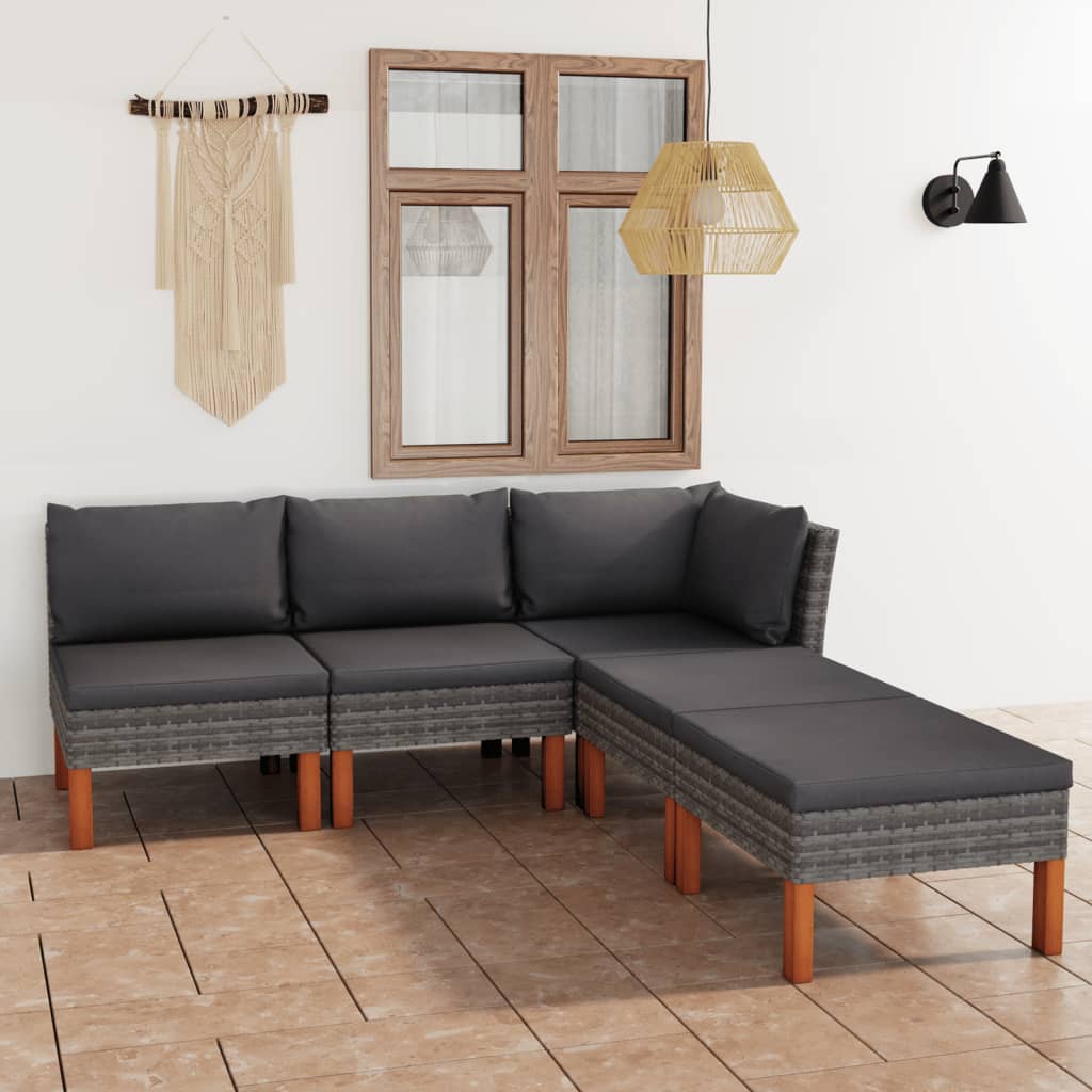 5 Piece Garden Lounge Set with Cushions Poly Rattan Grey - Newstart Furniture