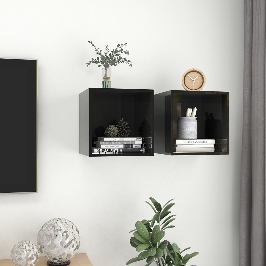 Wall Cabinets 2 pcs High Gloss Black 37x37x37 cm Engineered Wood - Newstart Furniture