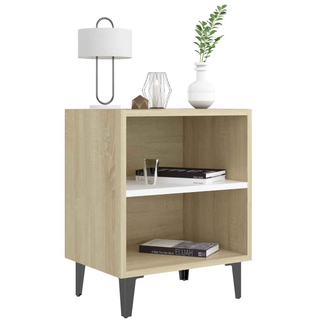 Bed Cabinets Metal Legs 2 pcs Sonoma Oak and White 40x30x50 cm
