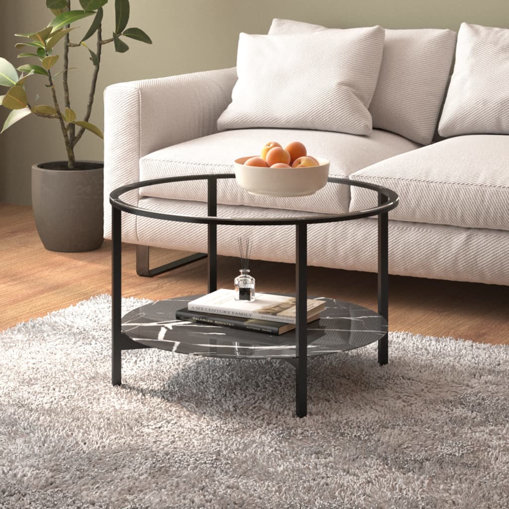 Tea Table Black and Black Marble 70 cm Tempered Glass - Newstart Furniture