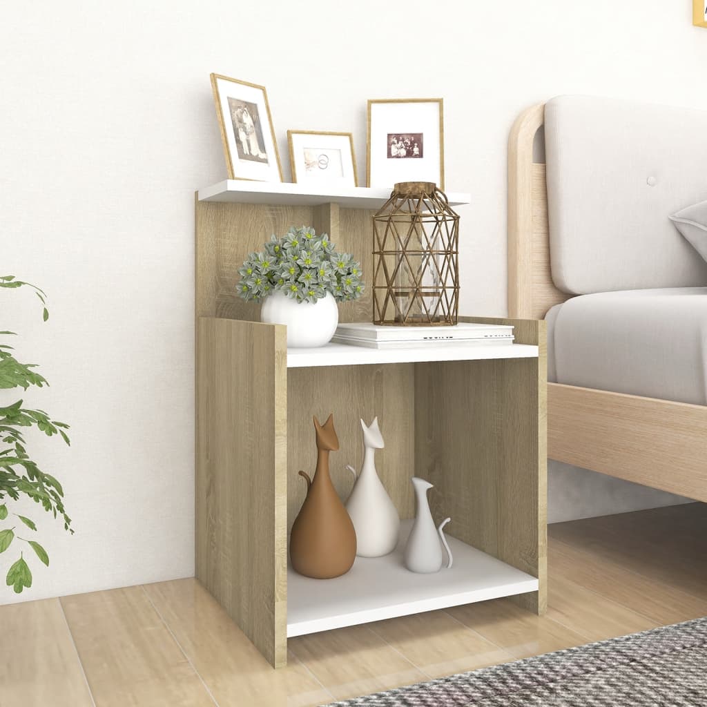 Bed Cabinet White and Sonoma Oak 40x35x60 cm Engineered Wood - Newstart Furniture