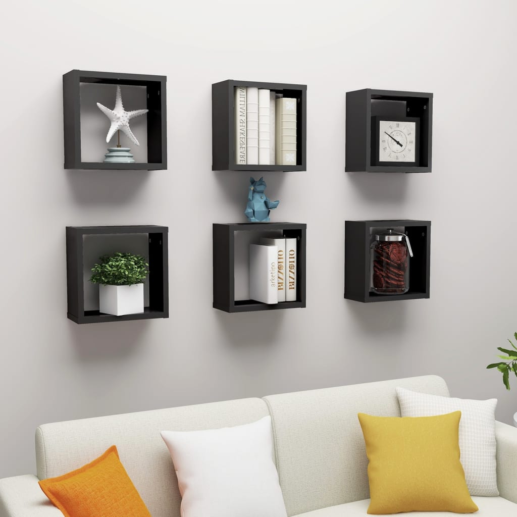 Wall Cube Shelves 6 pcs Black 30x15x30 cm - Newstart Furniture