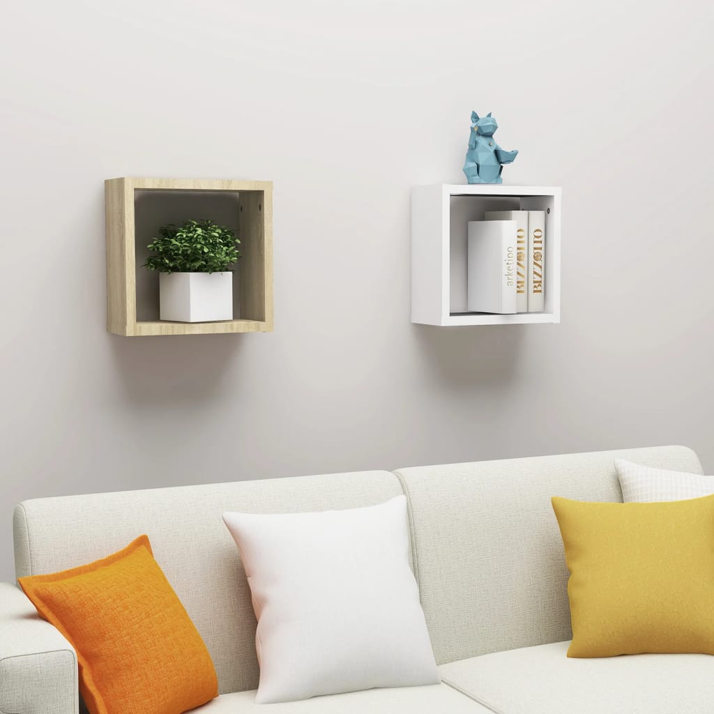 Wall Cube Shelves 2 pcs White and Sonoma Oak 30x15x30 cm - Newstart Furniture